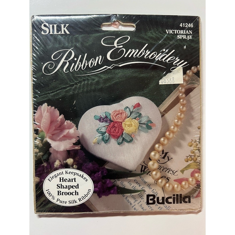 BUCILLA 100% Silk Ribbon Embroidery VICTORIAN SPRAY #41246 Heart Shaped Brooch